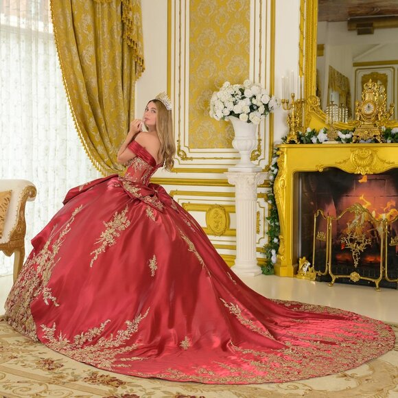 New Burgundy Off Shoulder Quinceanera Satin Dress w/ Pleated Straps GL3791 - Picture 15 of 15